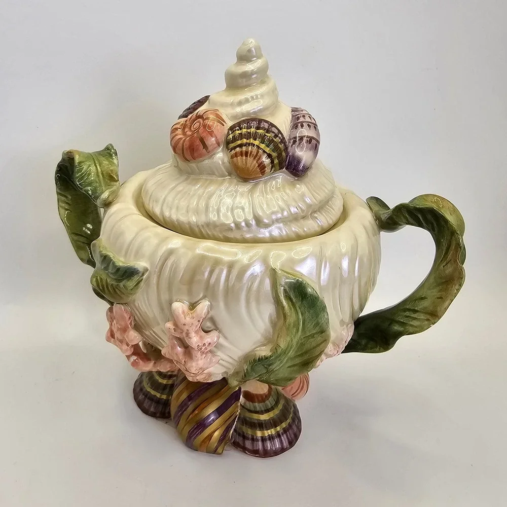 Fitz & Floyd Classics Seashell Covered Sugar Bowl w Spoon Coral Shell Vintage